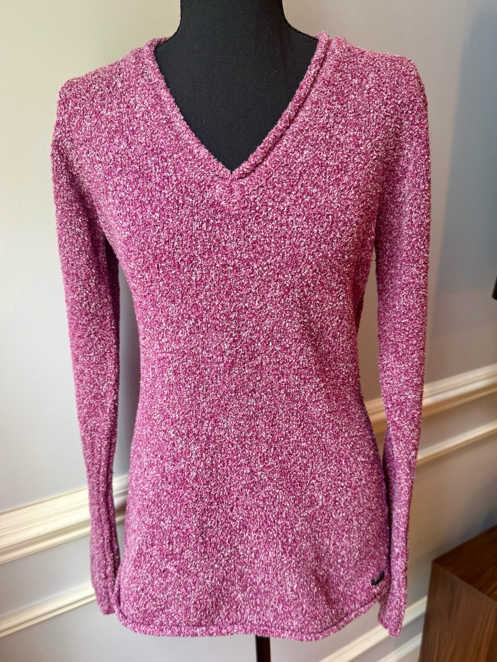 Columbia Bouclé Knit V-Neck Sweater Pink Heather Long Sleeve Women’s Small